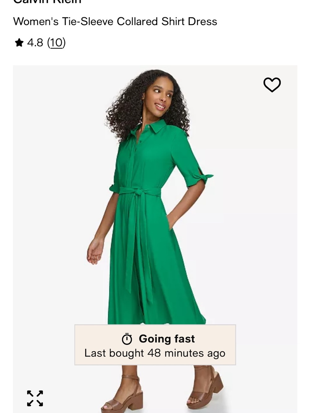 Calvin Klein Emerald Green Tie-Sleeve Midi Shirt Dress